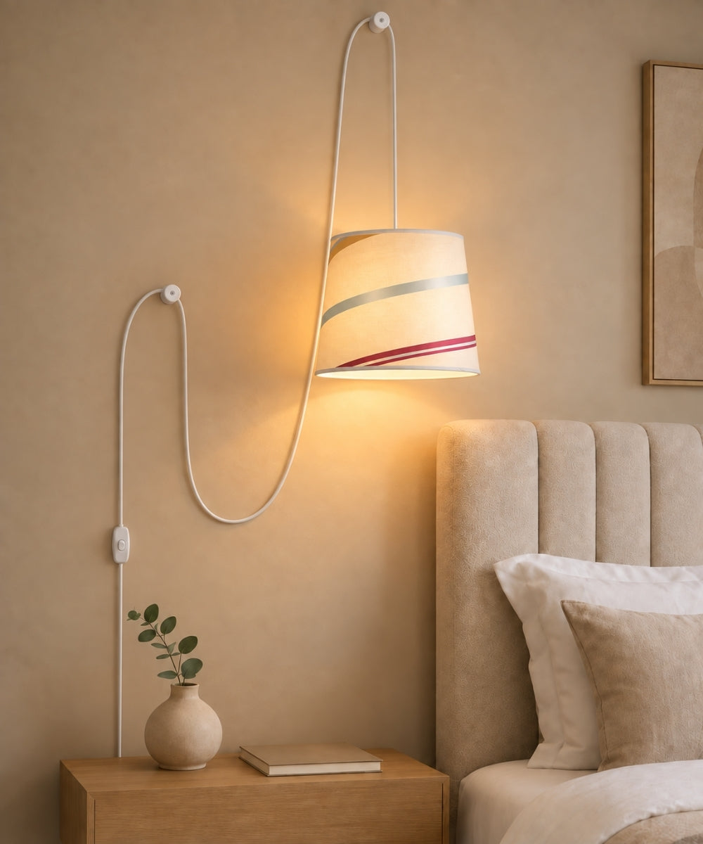 2 Light Swag Plug-In Pendant 14"w Juliette Striped Raw Silk Drum Shade with Diffuser, White Cord