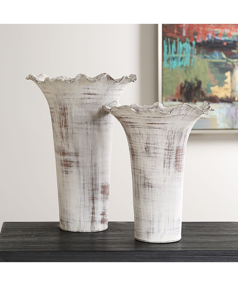 Ruffled Petal White Vases Set of 2