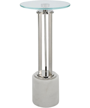 Round Accent Table in Nickel with White Marble and Temprered Glass
