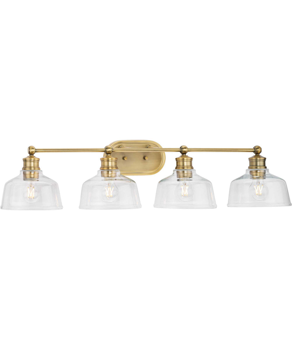 Singleton 4-Light 36" Farmhouse Vanity Light with Clear Glass Shades Vintage Brass