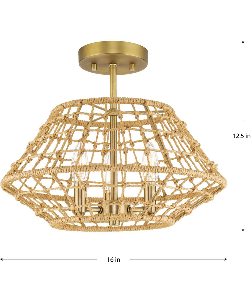 Laila 16 in. 3-Light Semi-Flush Convertible with Woven Jute Accents Vintage Brass