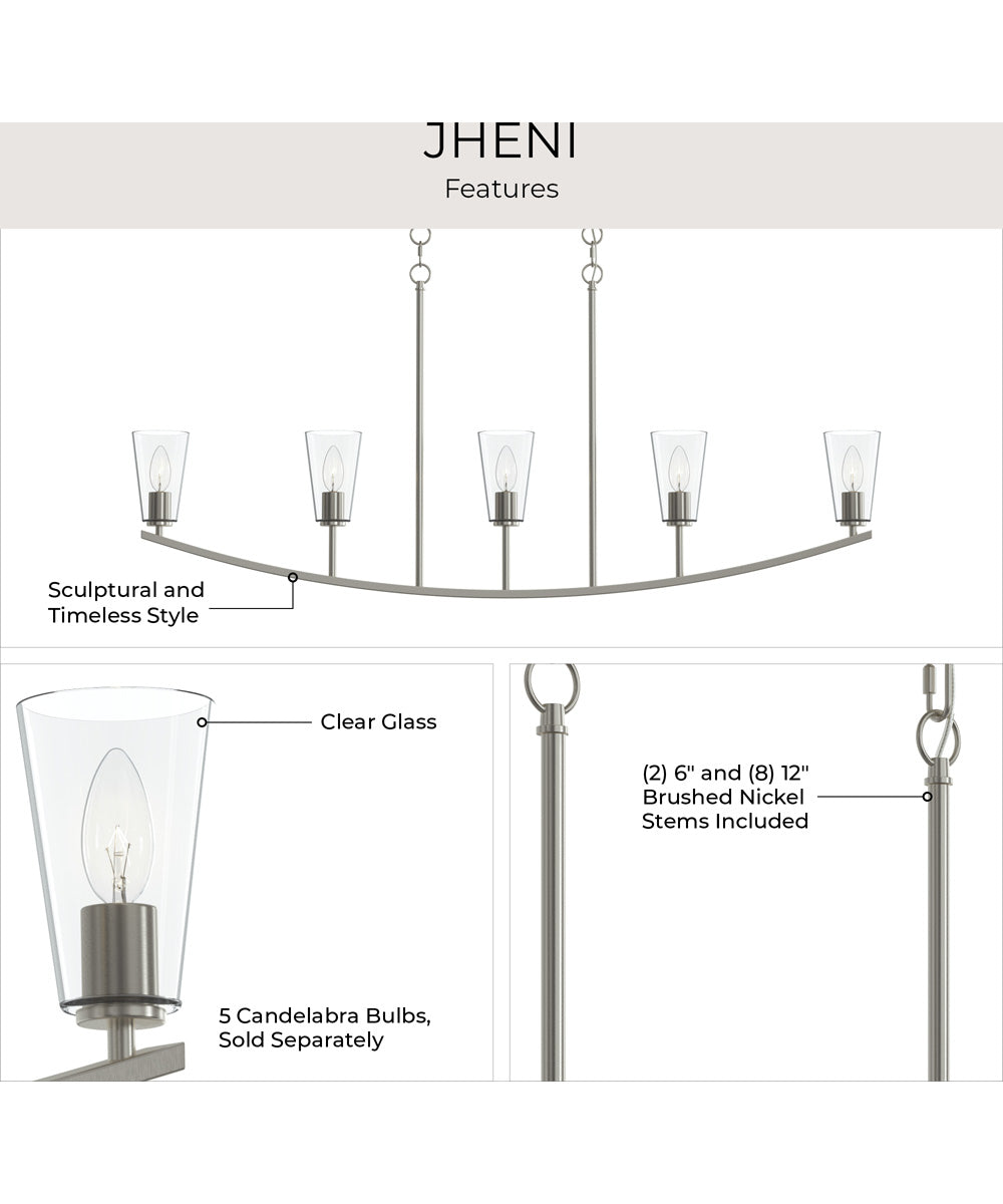 Jheni 5-Light Linear Chandelier with Clear Glass Shades Brushed Nickel