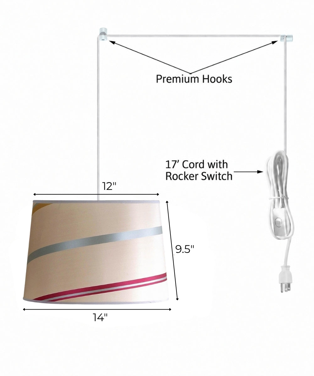 2 Light Swag Plug-In Pendant 14"w Juliette Striped Raw Silk Drum Shade with Diffuser, White Cord
