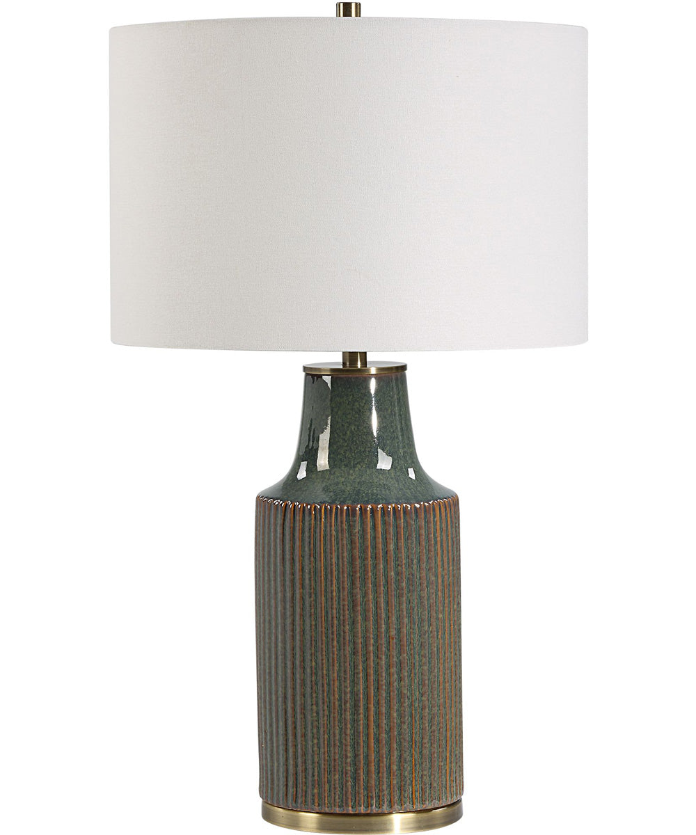 Ceramic Table Lamp in Blue-Green with White Linen