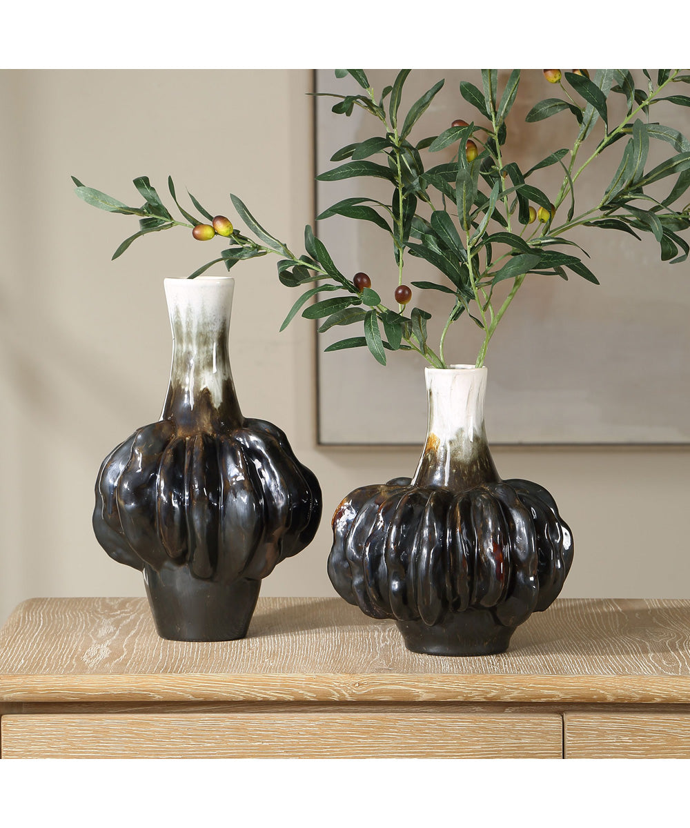 Umbrian White & Brown Gourd Vases Set of 2