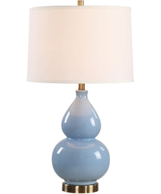 Ceramic Gourd Table Lamp in Powder Blue with White Linen