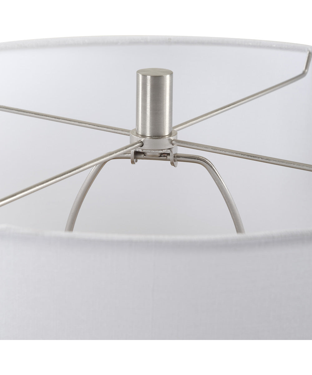 Ceramic Table Lamp in Ribbed Teal and White Linen