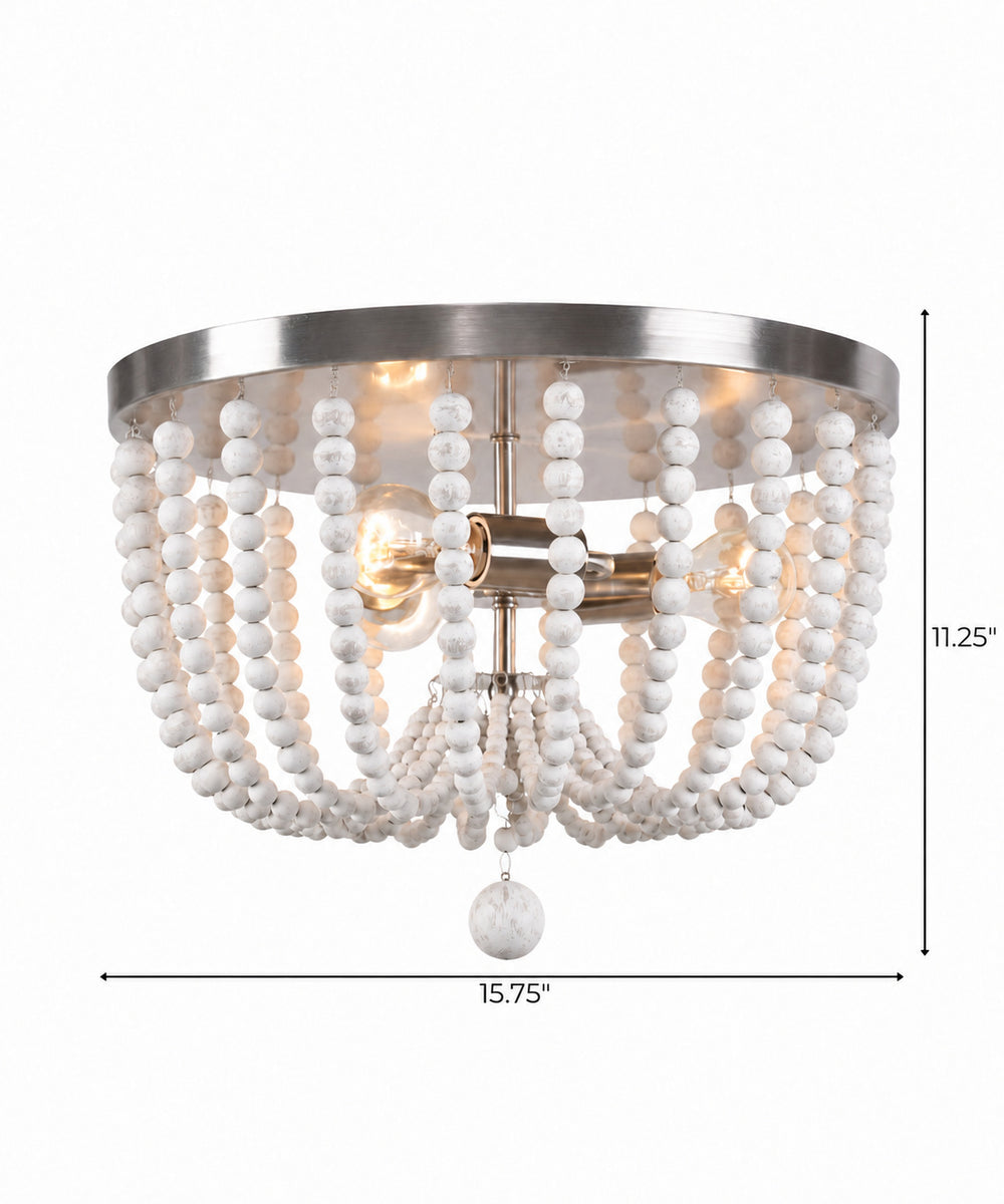 Dumas 16"W 3-Light Brushed Steel Finish Weathered White Wood Bead Flushmount by KenroyHome