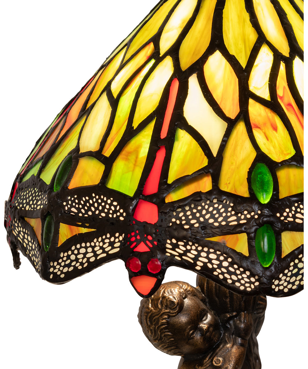 12" High Tiffany Hanginghead Dragonfly Cherub Accent Lamp
