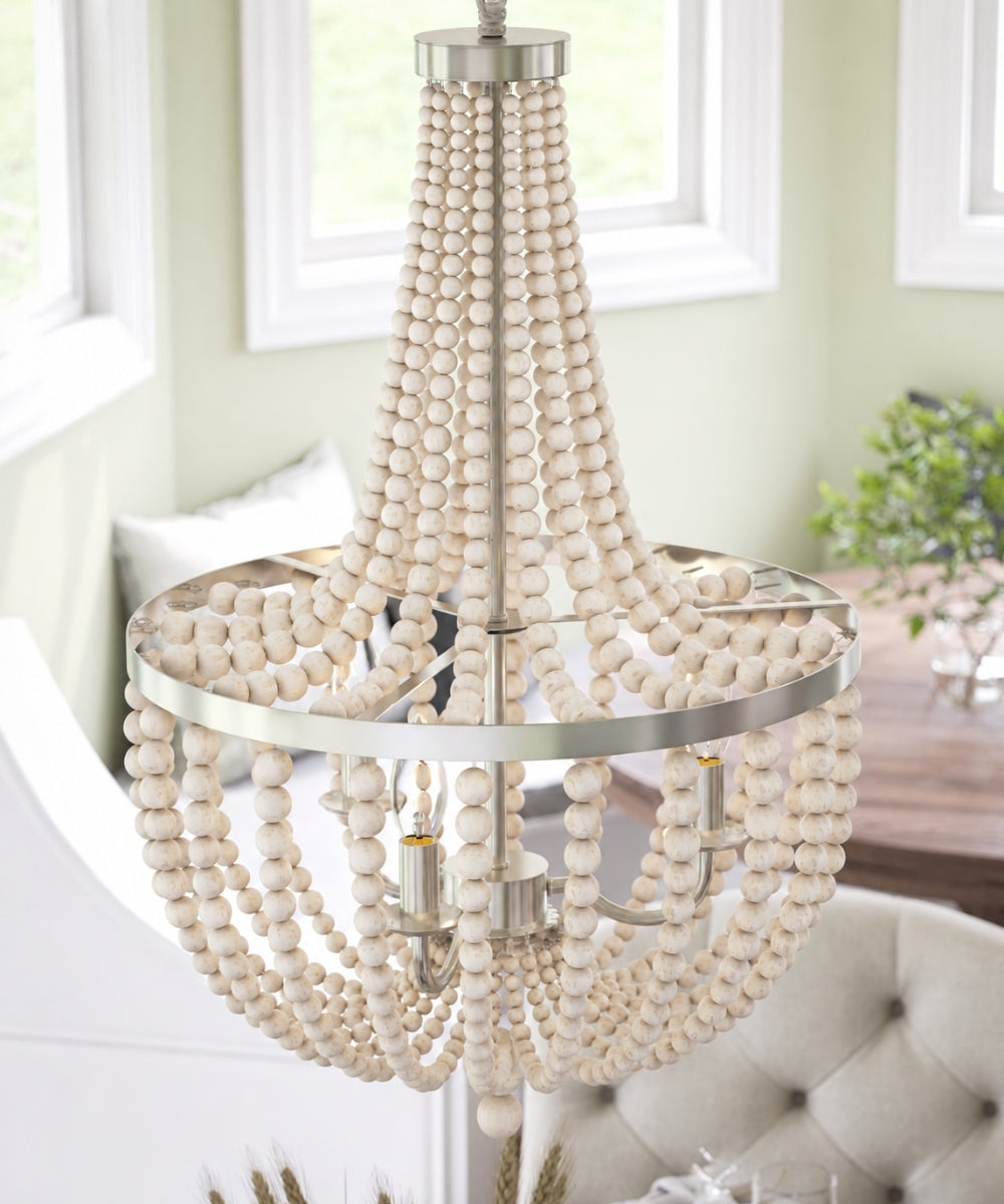 Dumas 16"W 3-Light Brushed Steel Finish Weathered White Wood Bead Chandelier by KenroyHome