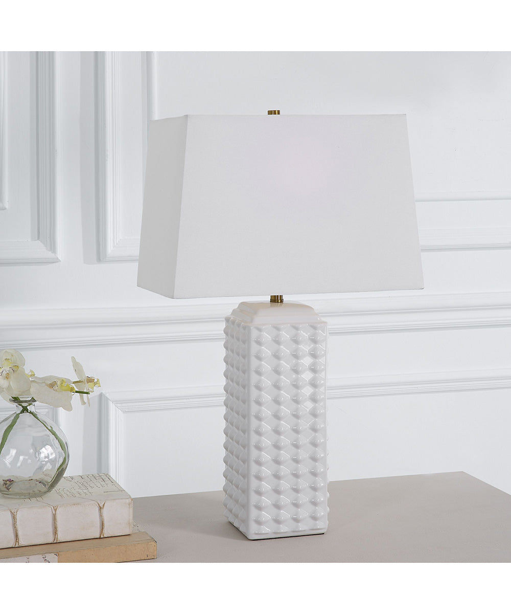 Square Ceramic Table Lamp with Diamond Knobs and White Linen