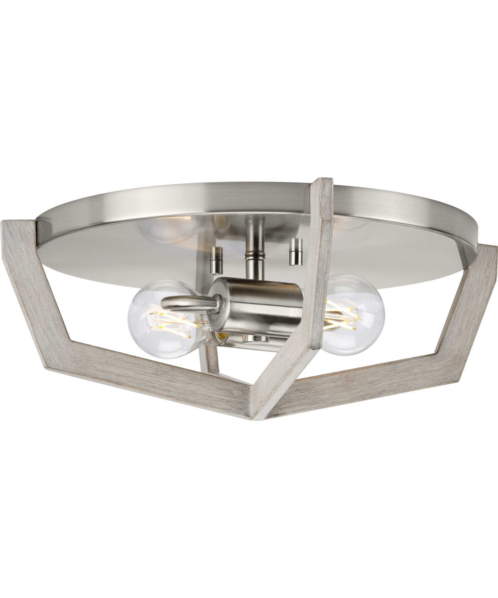 Galloway 2-Light 15" Modern Farmhouse Flush Mount Light with Grey Washed Oak Accents Brushed Nickel