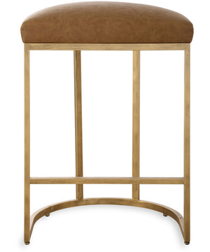 26" Counter Stool Antique Bruhed Brass  with Camel Faux Leather