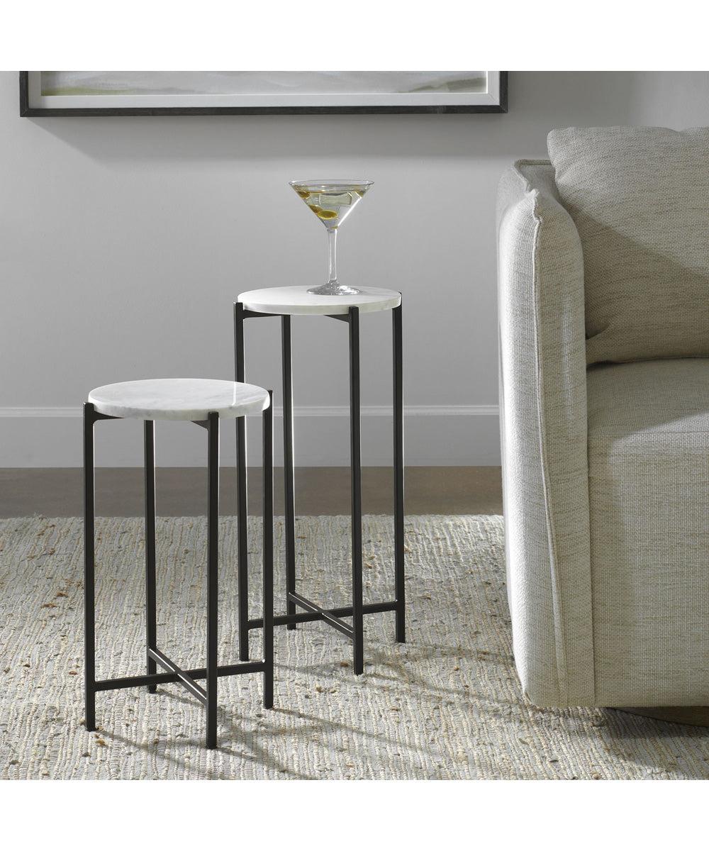 Set of 2 Tables with White Marble and Iron Black