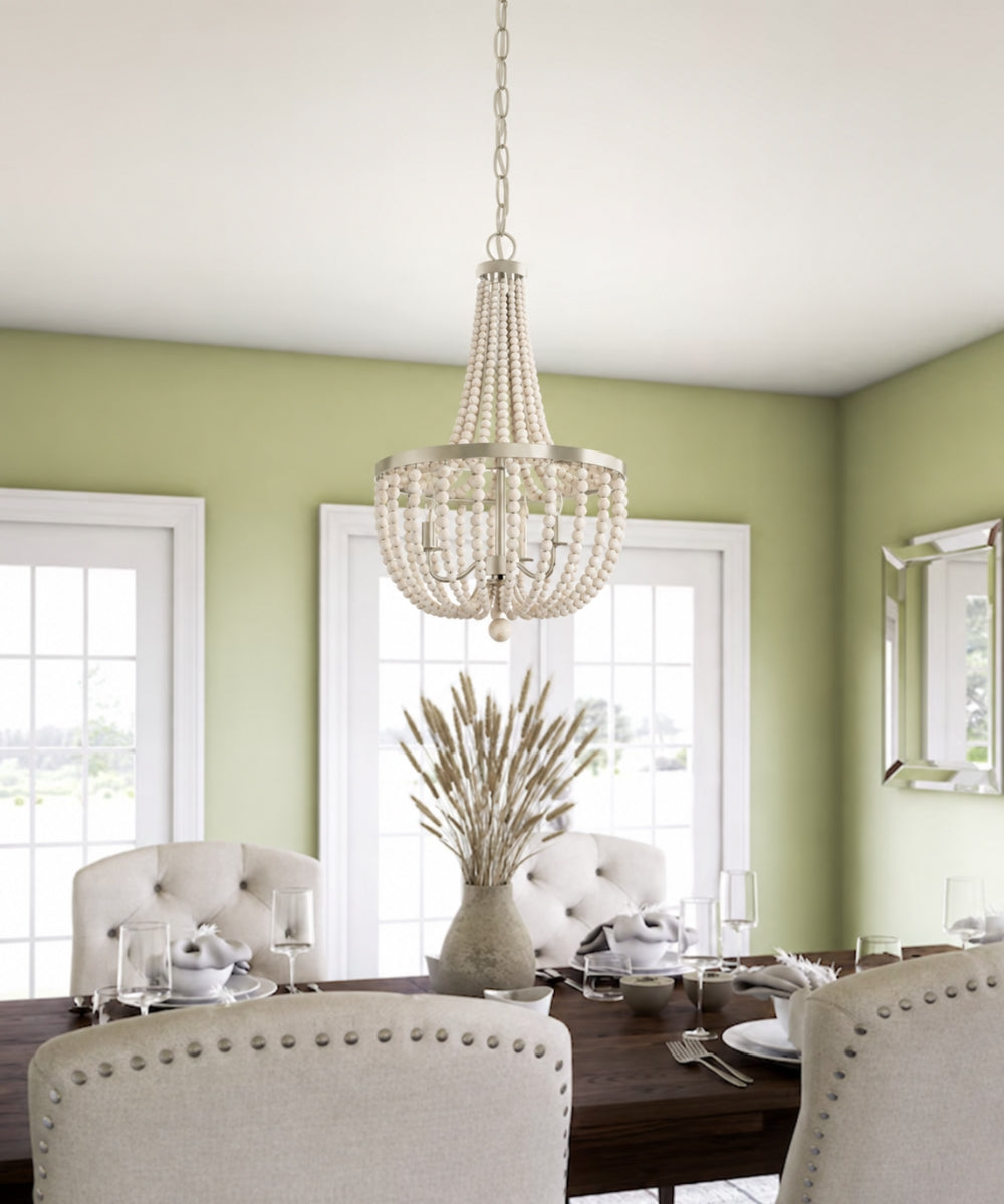 Dumas 16"W 3-Light Brushed Steel Finish Weathered White Wood Bead Chandelier by KenroyHome