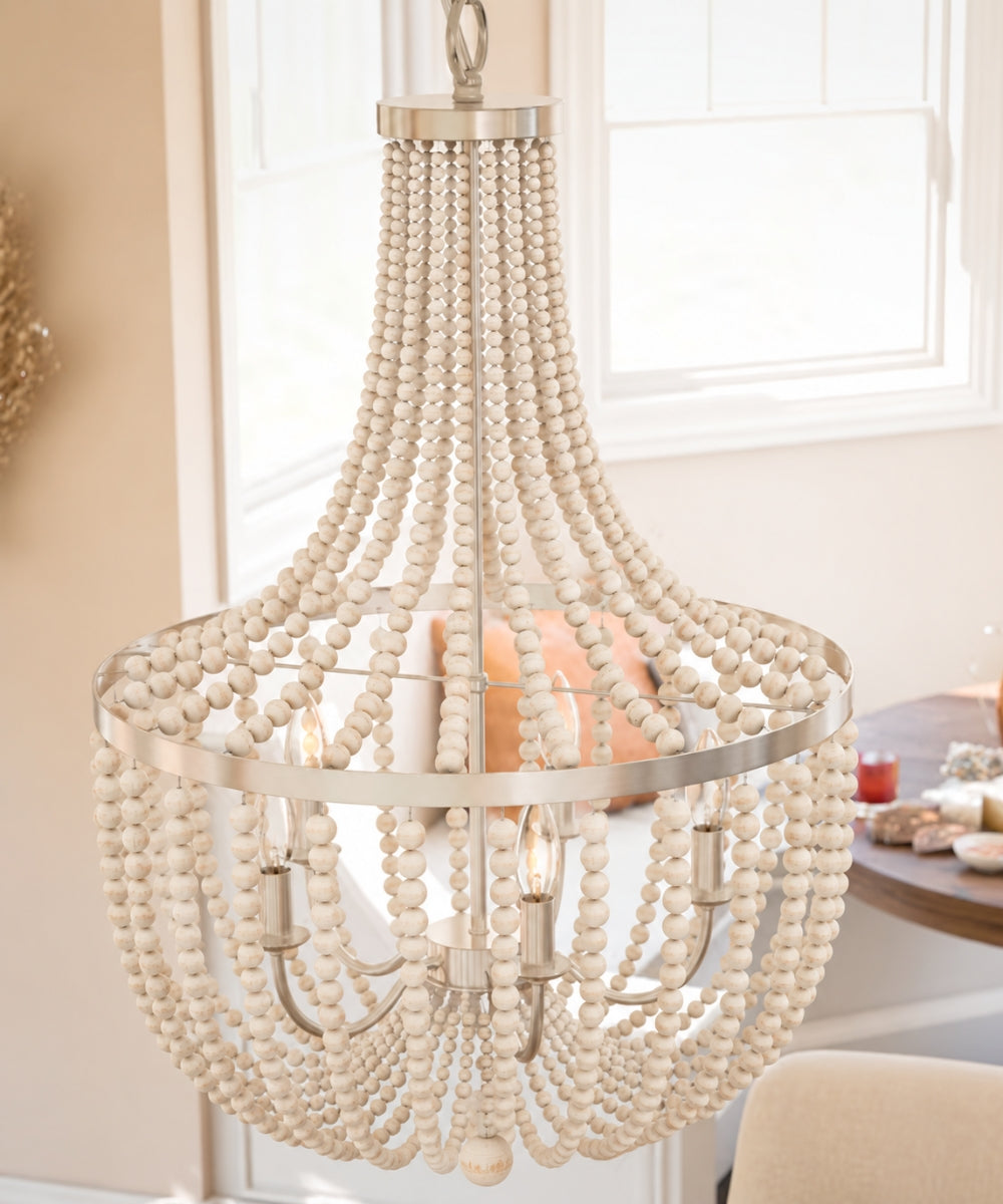 Dumas 22"W 5-Light Brushed Steel Finish Weathered White Wood Bead Chandelier by KenroyHome