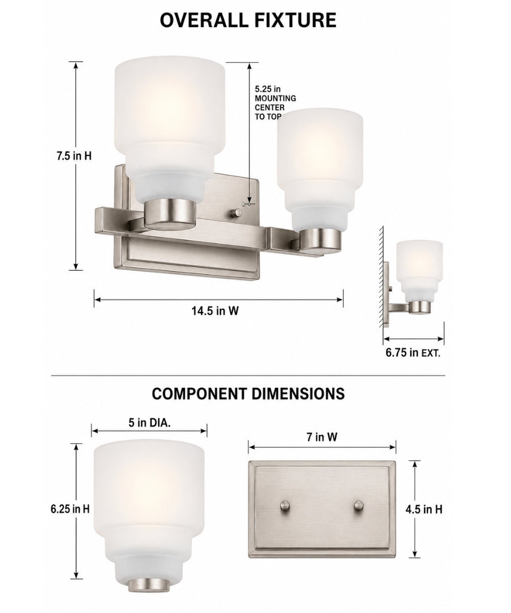 15"w Vionnet 2-Light Bath Light Brushed Nickel Finish with Satin Etched Glass Shade