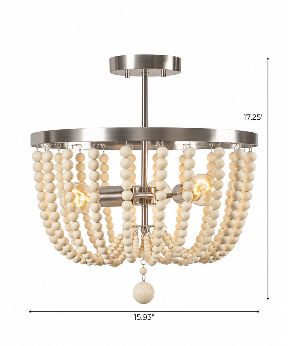 Dumas 16"W 3-Light Brushed Steel Finish Weathered White Wood Bead Semi Flush by KenroyHome