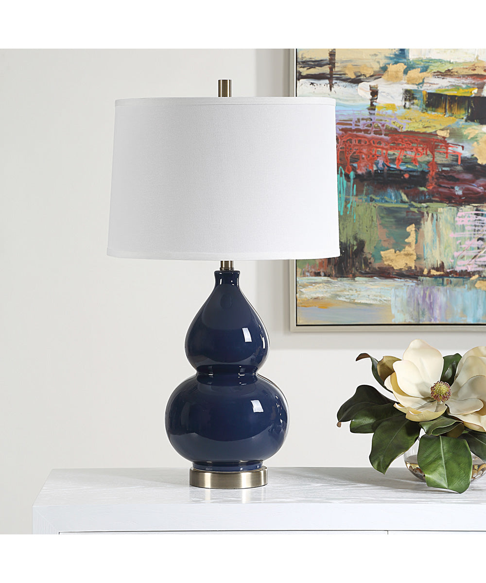 Ceramic Gourd Table Lamp in Navy Blue and White Linen