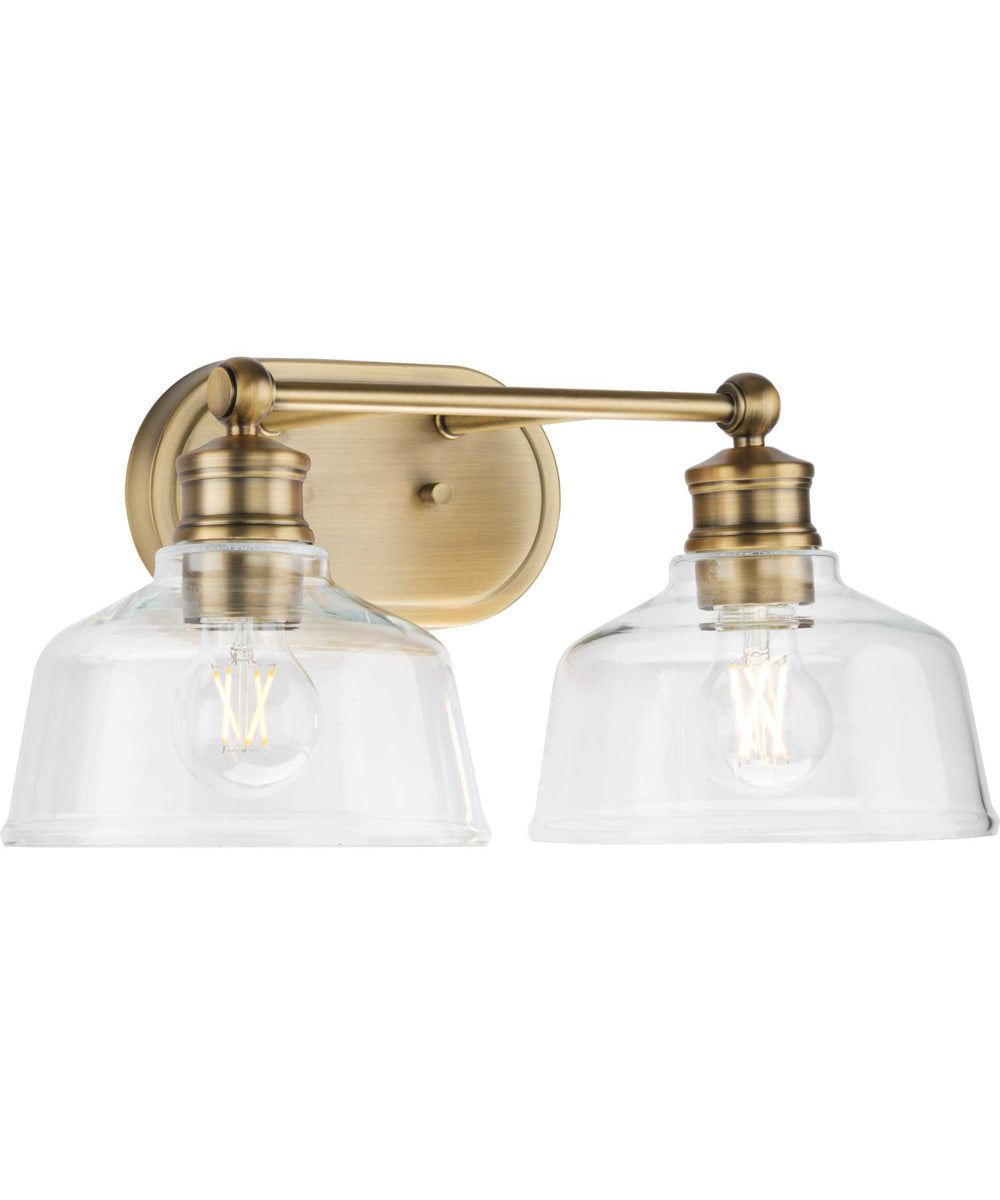 Singleton 2-Light 17" Farmhouse Vanity Light with Clear Glass Shades Vintage Brass