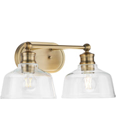 Singleton 2-Light 17" Farmhouse Vanity Light with Clear Glass Shades Vintage Brass