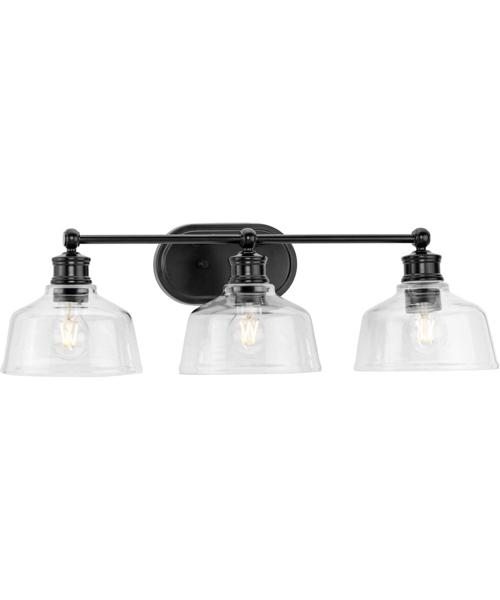 Singleton 3-Light 26.5" Farmhouse Vanity Light with Clear Glass Shades Matte Black
