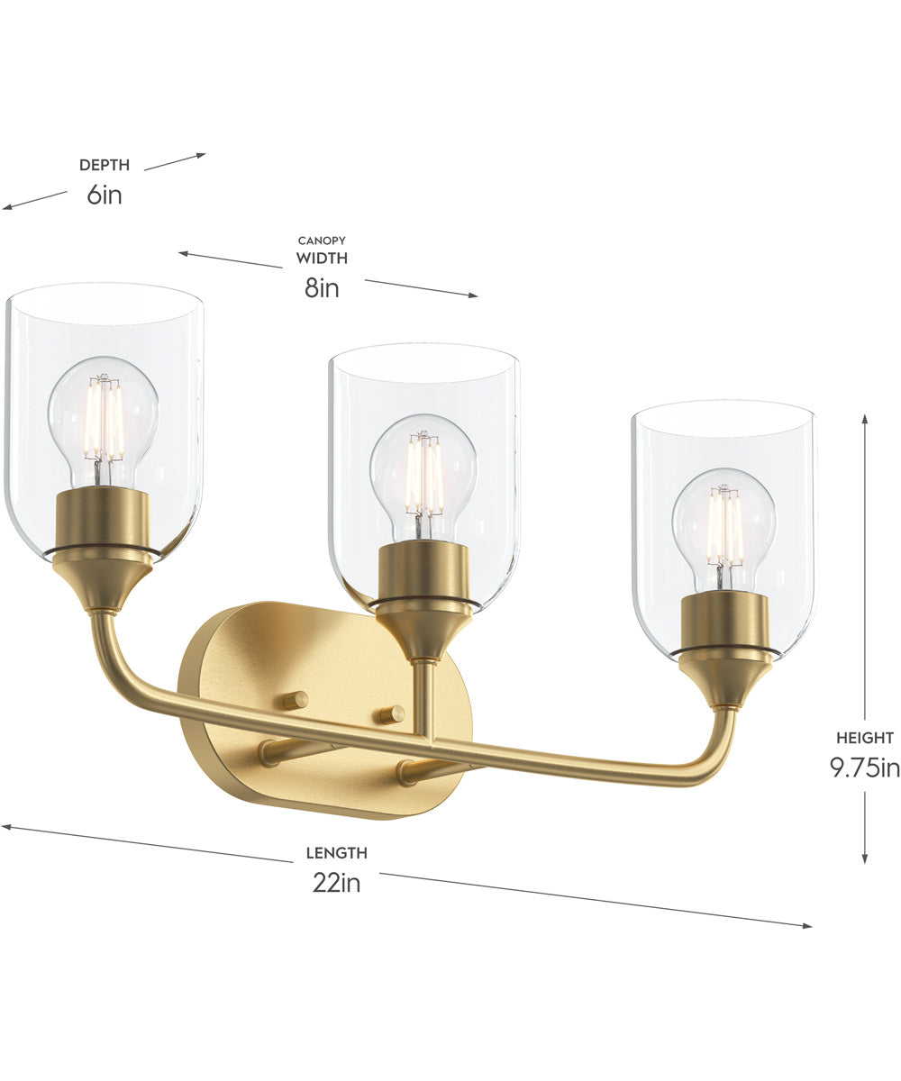 Ilia 3-Light Bath Vanity with Clear Glass Shade Brushed Gold