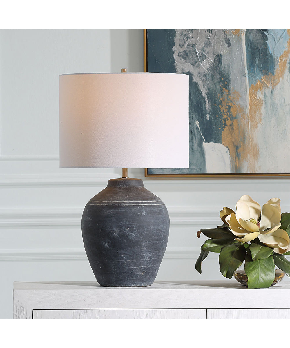 Ceramic Table Lamp in Weathered Black with White Linen