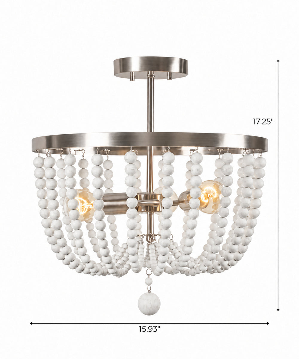 Dumas 16"W 3-Light Brushed Steel Finish Weathered White Wood Bead Semi Flush by KenroyHome