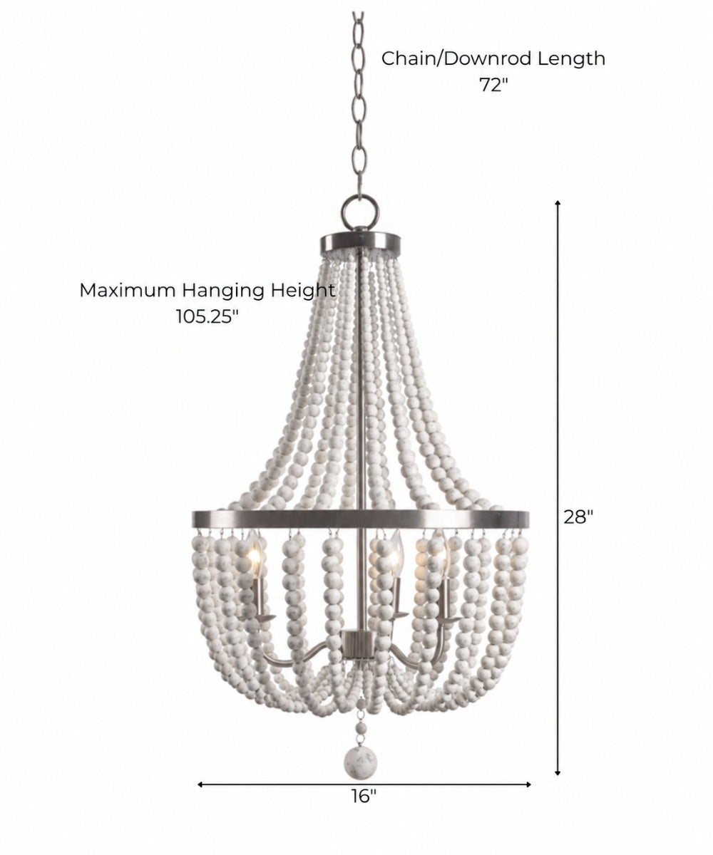 Dumas 16"W 3-Light Brushed Steel Finish Weathered White Wood Bead Chandelier by KenroyHome
