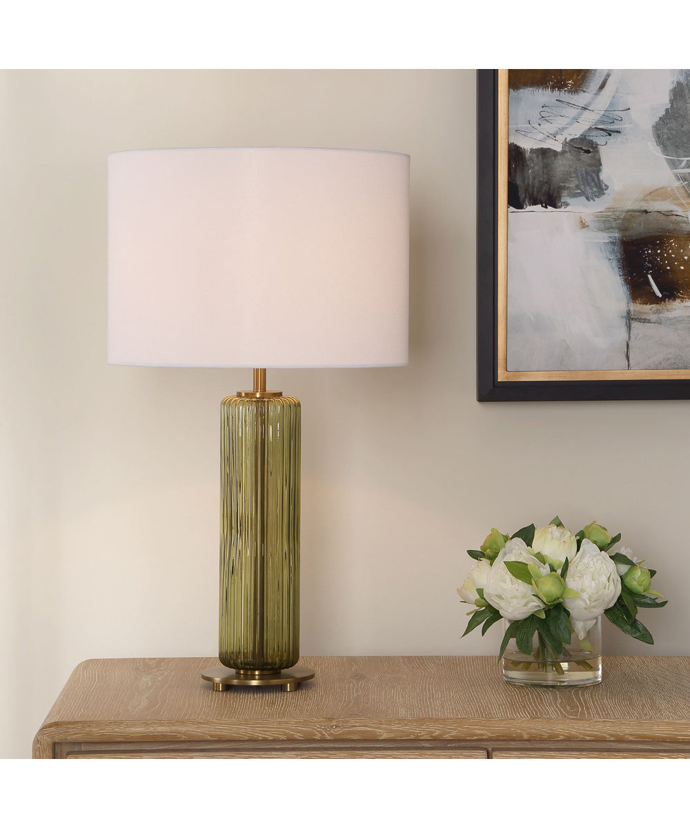 Table Lamp with Transparent Olive Green Glsas and Brass Plated Accents