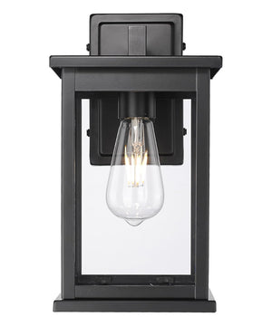 11"H Bowton II Outdoor Wall Light - Dusk to Dawn Matte Black Finish with Glass Shade by Millennium Lighting