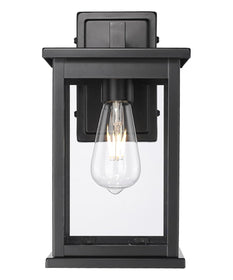 11"H Bowton II Outdoor Wall Light - Dusk to Dawn Matte Black Finish with Glass Shade by Millennium Lighting