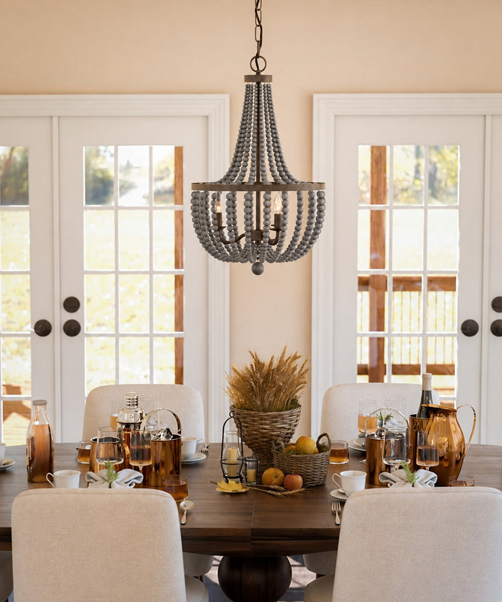 Dumas 16"W 3-Light Golden Bronze Finish Distressed Gray Wood Bead Chandelier by KenroyHome