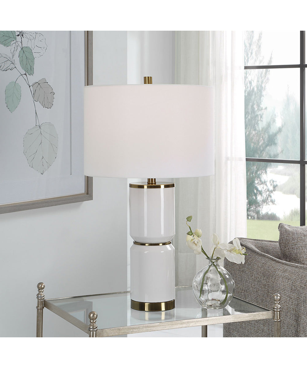Ceramic Table Lamp in White Gloss and Gold with White Linen