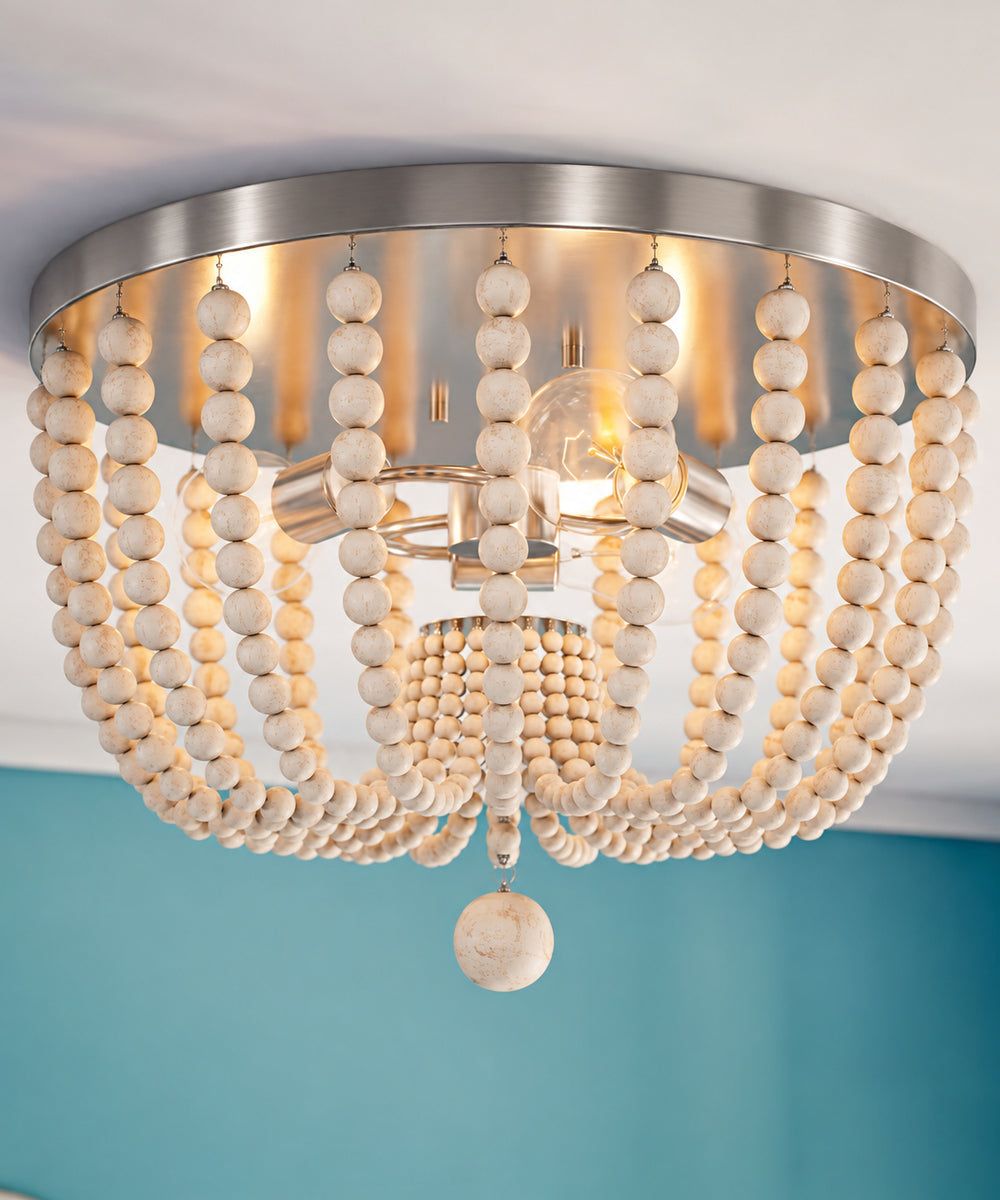 Dumas 16"W 3-Light Brushed Steel Finish Weathered White Wood Bead Flushmount by KenroyHome