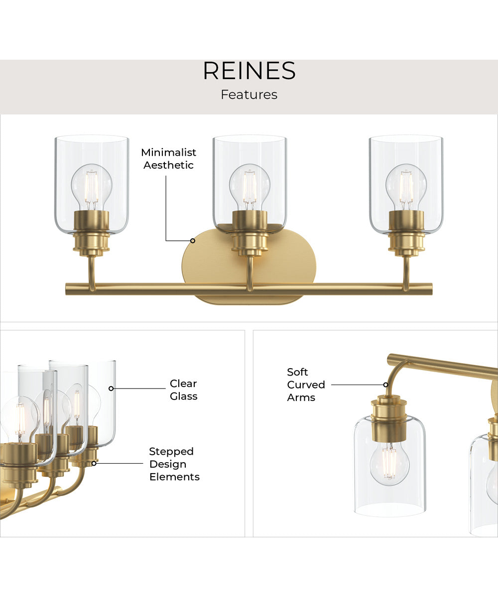 Reines 3-Light Bath Vanity with Clear Glass Shades Brushed Gold