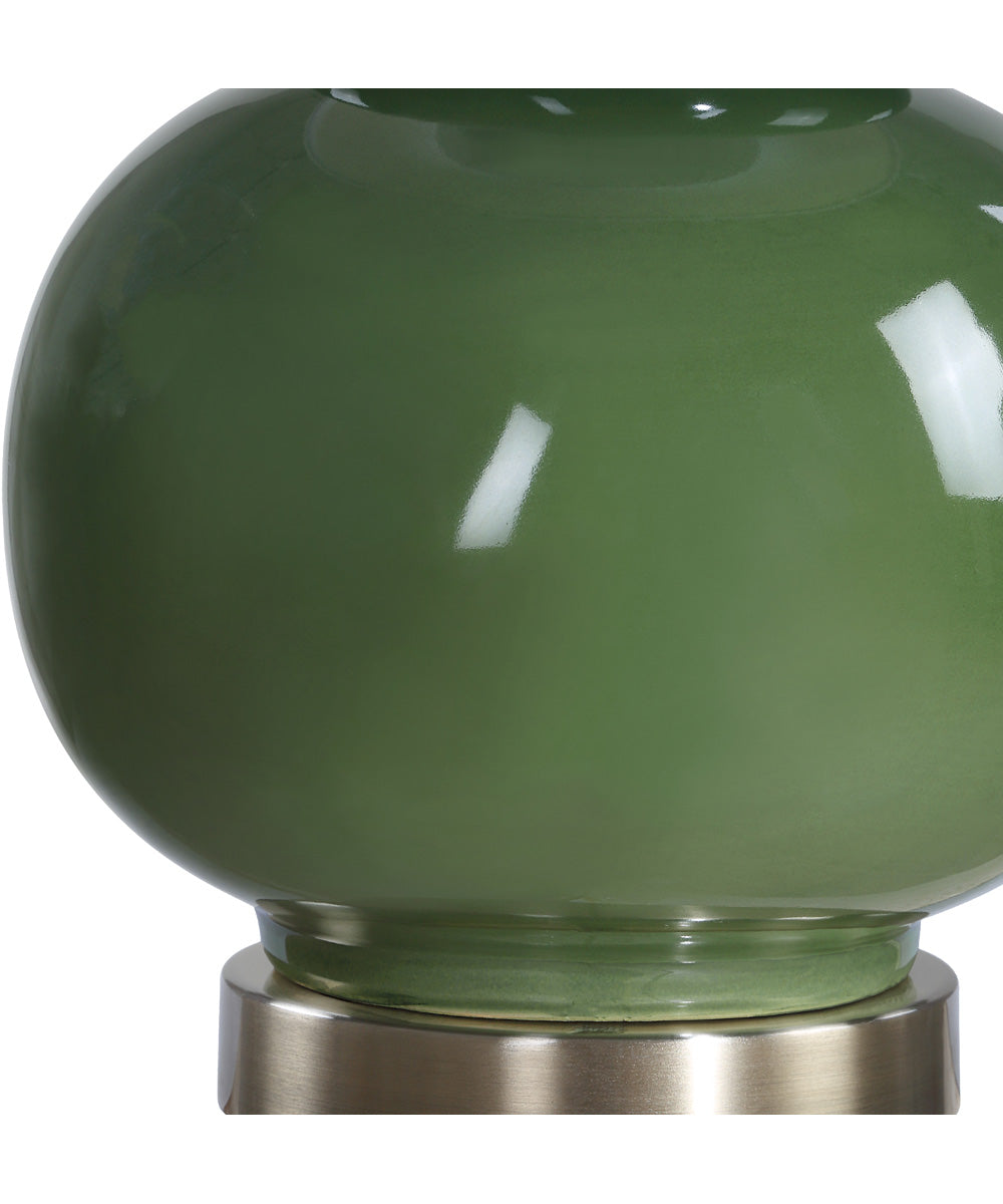 Ceramic Gourd Table Lamp with Dark Green Glaze with White Linen