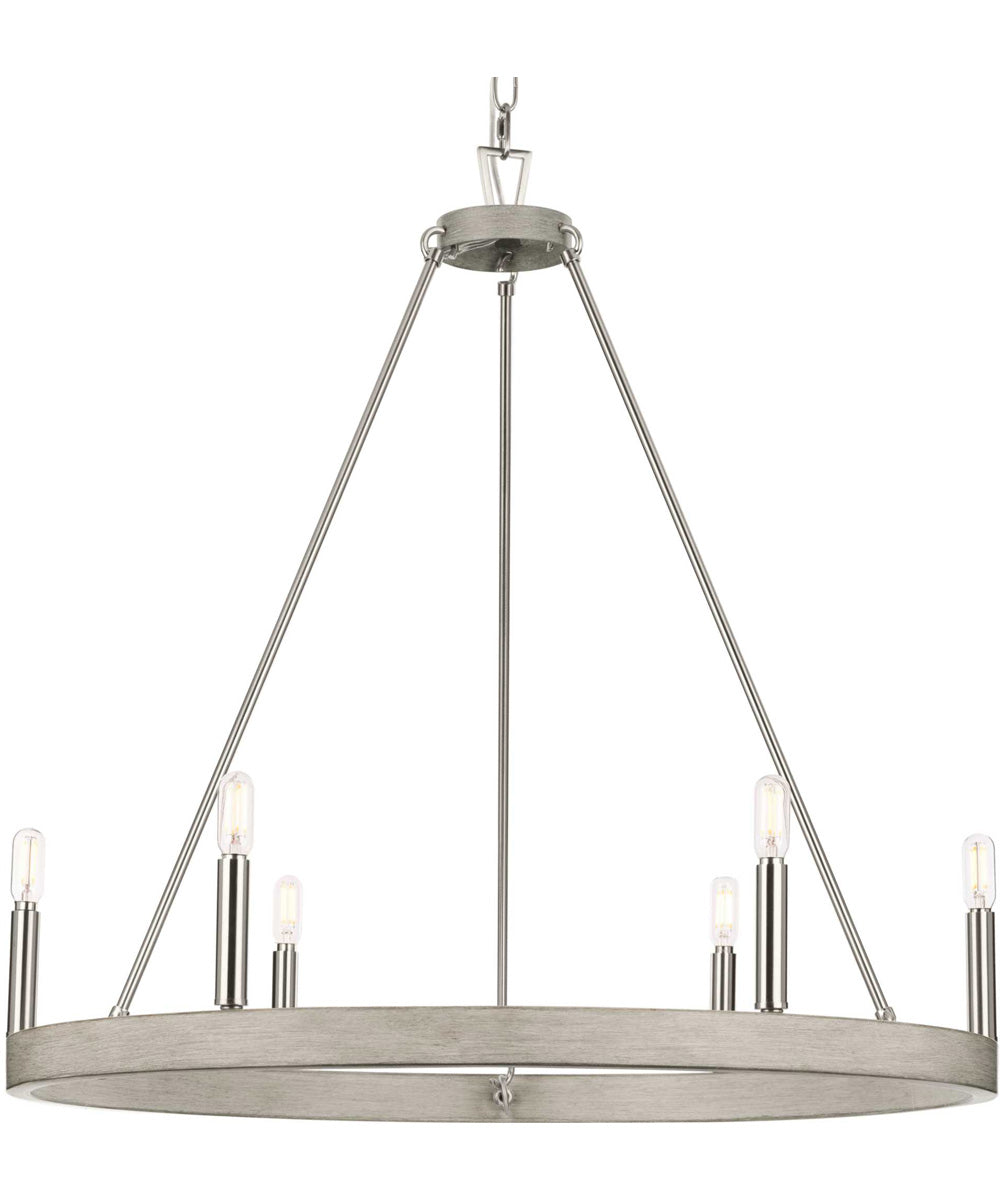 Galloway 6-Light 28.25" Modern Farmhouse Chandelier with Grey Washed Oak Accents Brushed Nickel
