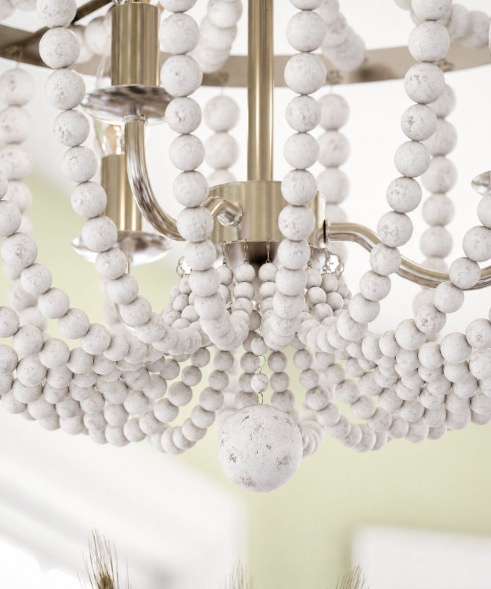 Dumas 16"W 3-Light Brushed Steel Finish Weathered White Wood Bead Chandelier by KenroyHome