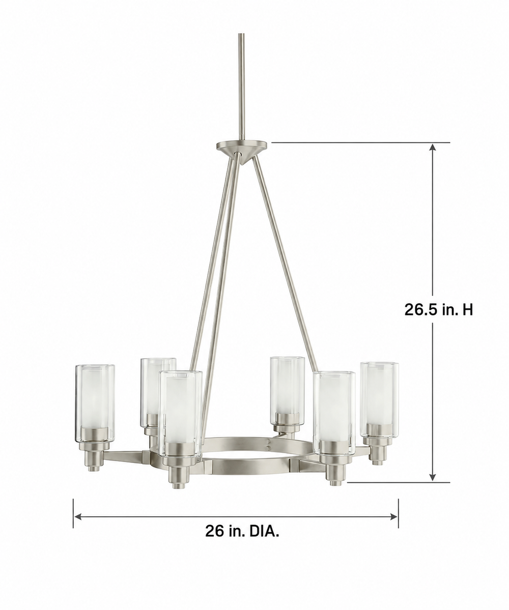 26"w Circolo 6-Light Circular Chandelier Light Brushed Nickel Finish, Clear Etched Glass Shades