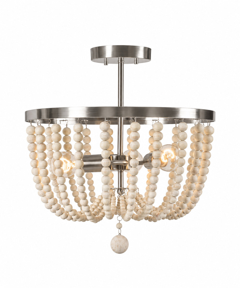 Dumas 16"W 3-Light Brushed Steel Finish Weathered White Wood Bead Semi Flush by KenroyHome