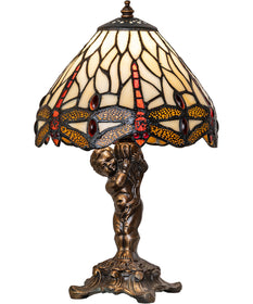 12" High Tiffany Hanging Head Dragonfly Cherub Accent Lamp