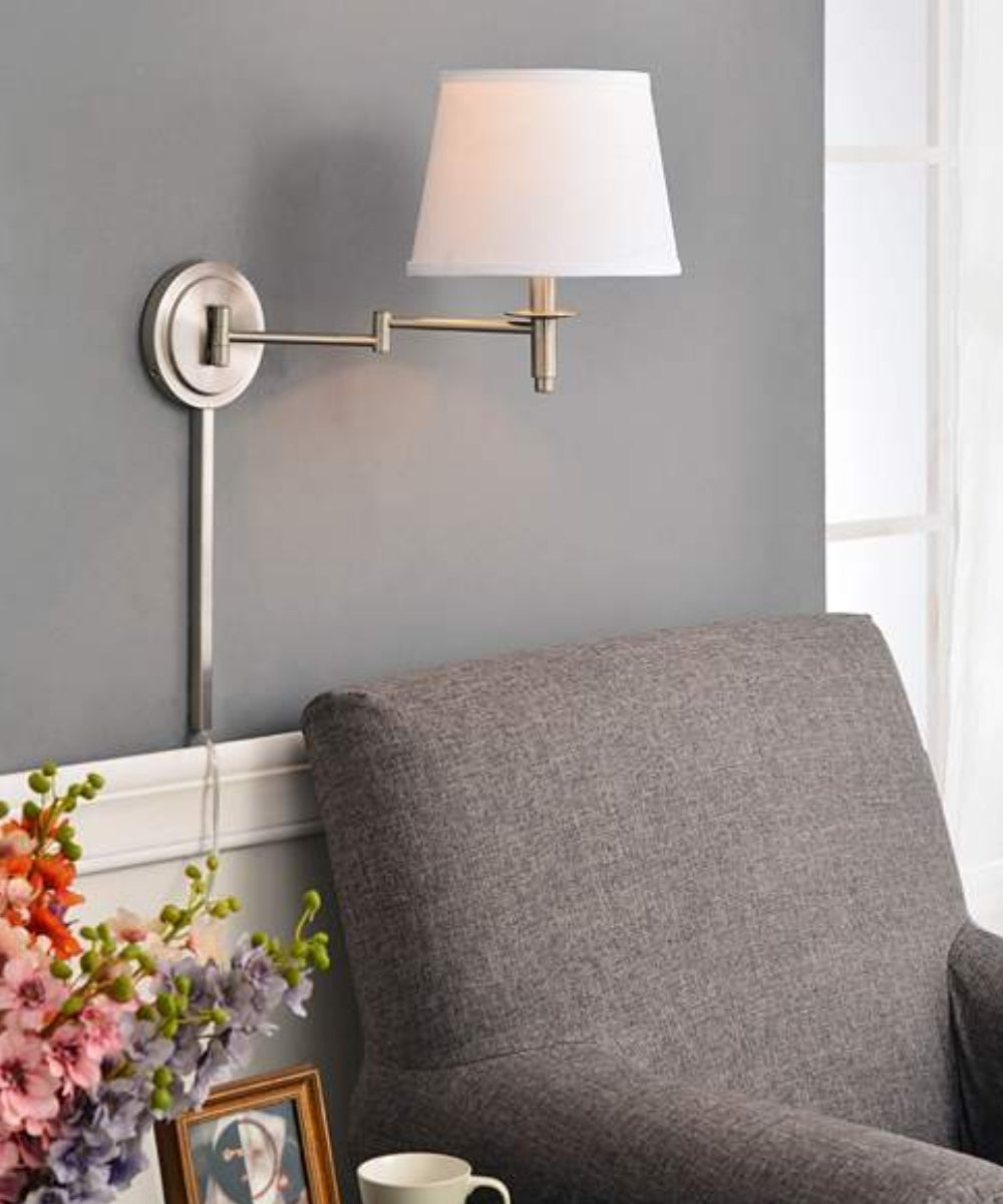 Sheppard 20"W 1-Light Plug-In Brushed Steel with White Shade Wall Swing Arm Wall Sconce by KenroyHome
