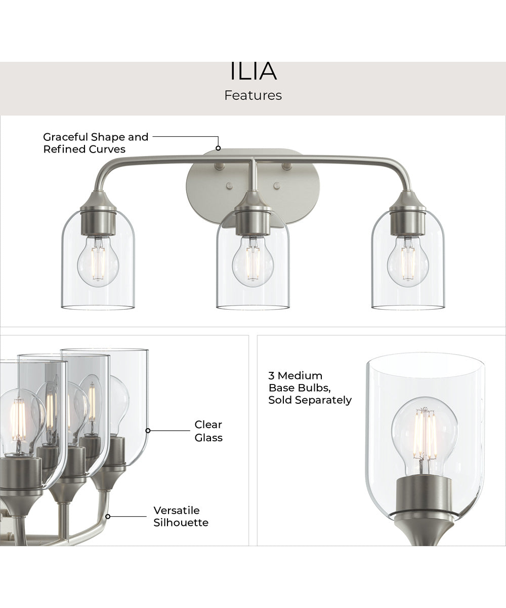 Ilia 3-Light Bath Vanity with Clear Glass Shade Brushed Nickel