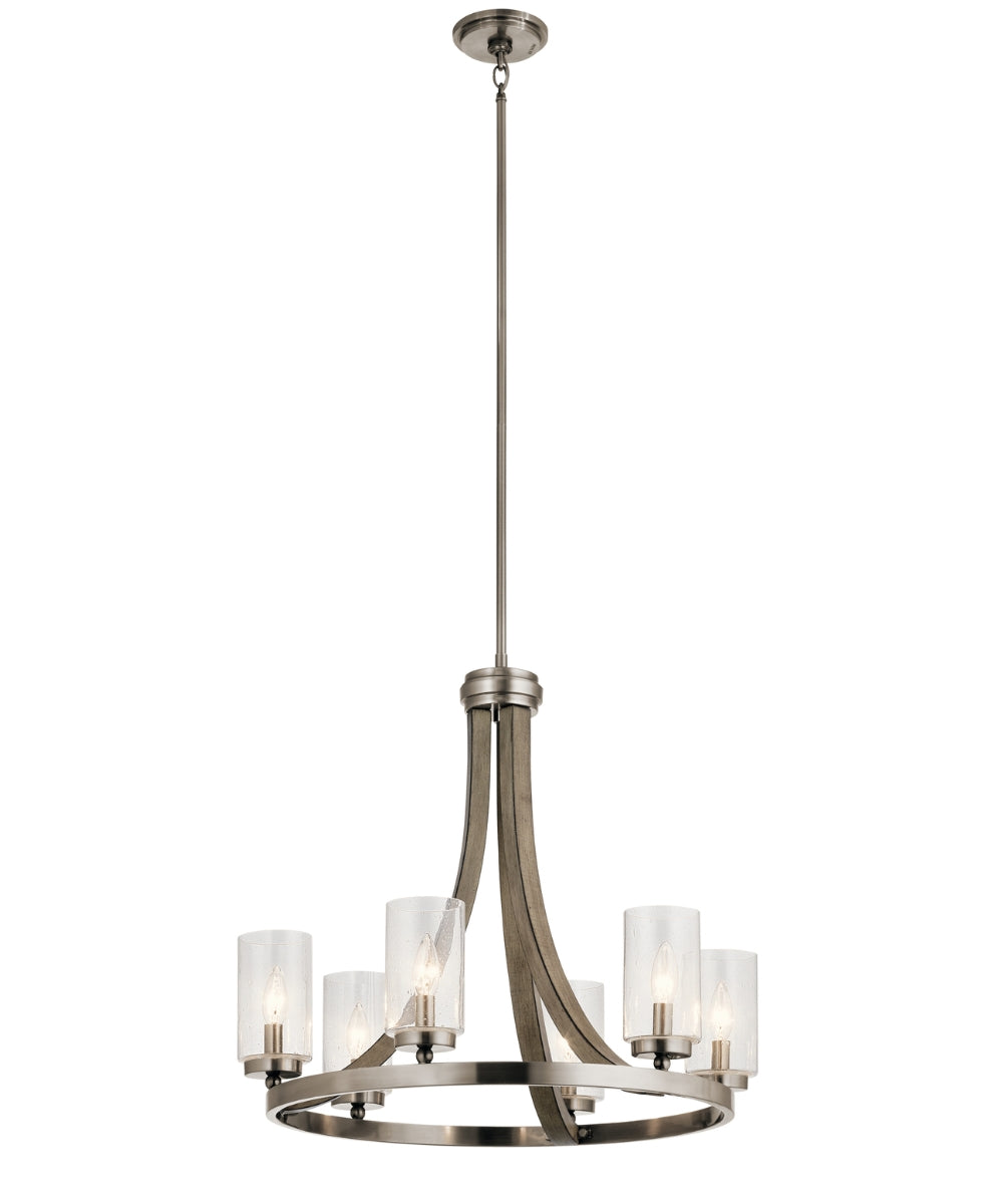 25"w Grand Bank Wood 6-Light Chandelier Light Distressed Antique Gray Finish, Clear Seeded Glass Shade