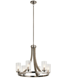 25"w Grand Bank Wood 6-Light Chandelier Light Distressed Antique Gray Finish, Clear Seeded Glass Shade