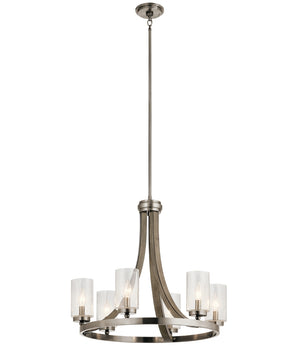 25"w Grand Bank Wood 6-Light Chandelier Light Distressed Antique Gray Finish, Clear Seeded Glass Shade