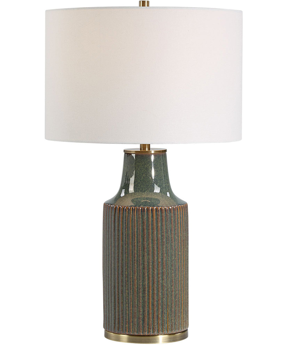 Ceramic Table Lamp in Blue-Green with White Linen