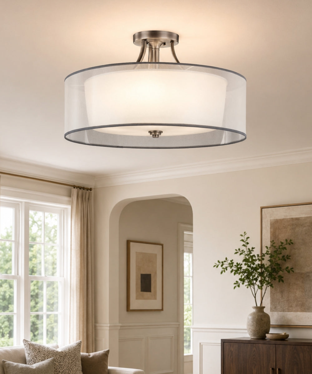 28"w Lacey 5-Light Semi Flush Ceiling Light Antique Pewter with White Organza and Satin-Etched Glass Shade